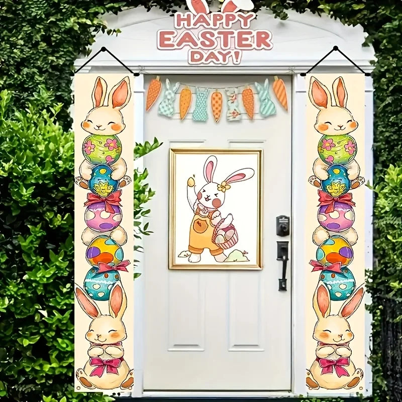 Happy Easter 2PC  Bunny Door Banners Polyester Easter Egg Decorative Flags for Outdoor Indoor Holiday Easter Decoration 2025 Lootquake LLC