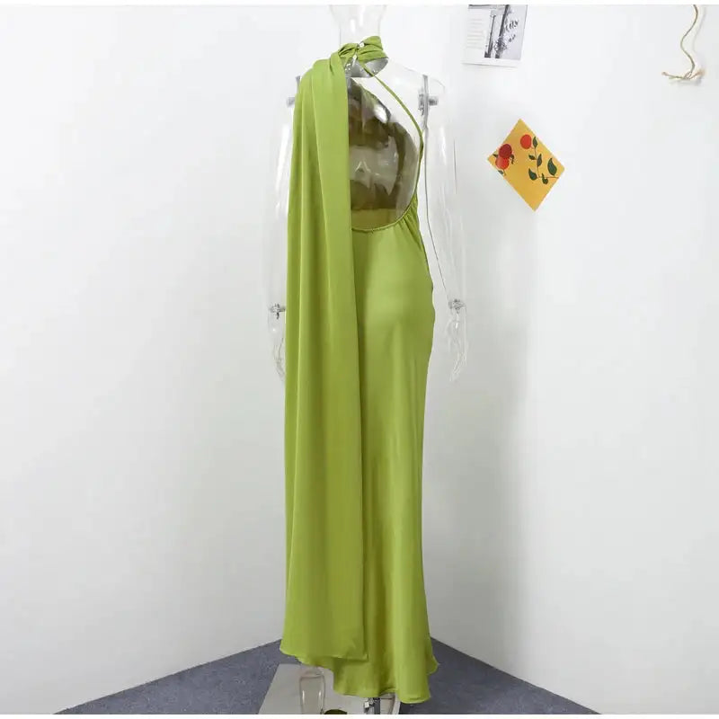 Elegant Satin Halter Slim Long Dress With Scarf Women New Sexy Backless Sleeveless Maxi Dresses Summer Lady Party Chic Vestidos