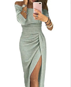 Slit Slash-neck Dress Women Sparkling Slim Long Dress Summer Korean Fashion Dinner Dress Bodycon Solid  Women Dresses Vestidos
