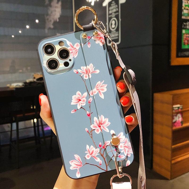 Ultra Luxury Case Cute Flower Design with Ring Kickstand Soft Crossbody Phone Cover for iPhone 13 14 Pro Max Case Fashion Crossbody Shoulder Strap Flower Leaf Phone Holder Cover for iPhone 12 11 X XR XS 7 8 Plus Stevvex