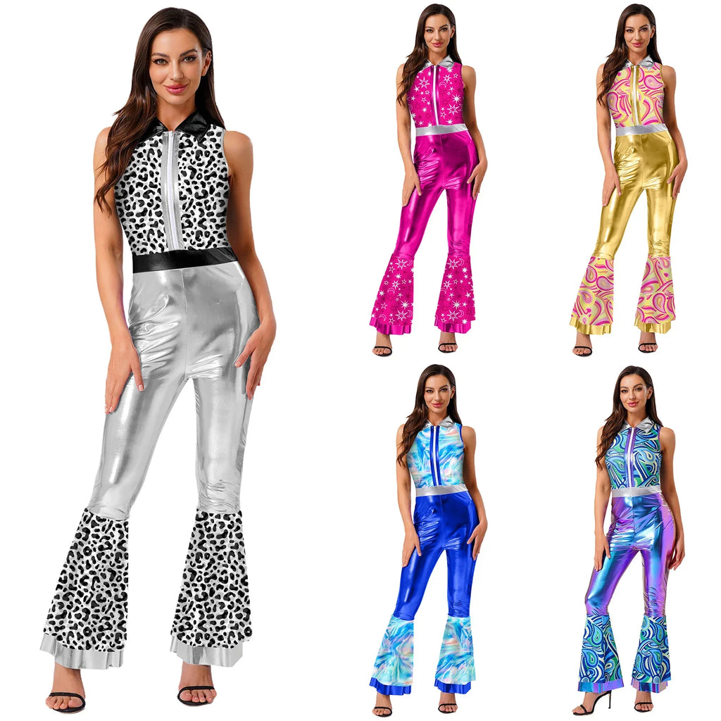 Womens Halloween Retro Hippie Cosplay Costume Party Hip-hop Dance Costume Metallic Shiny Vintage Carnival Bodysuit Jumpsuit Lootquake LLC