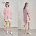 Amii Women's Top Minimalist 2025 Summer New Notched Lapel Contrast Material Patchwork One Button Short Sleeve Blazer 12542081