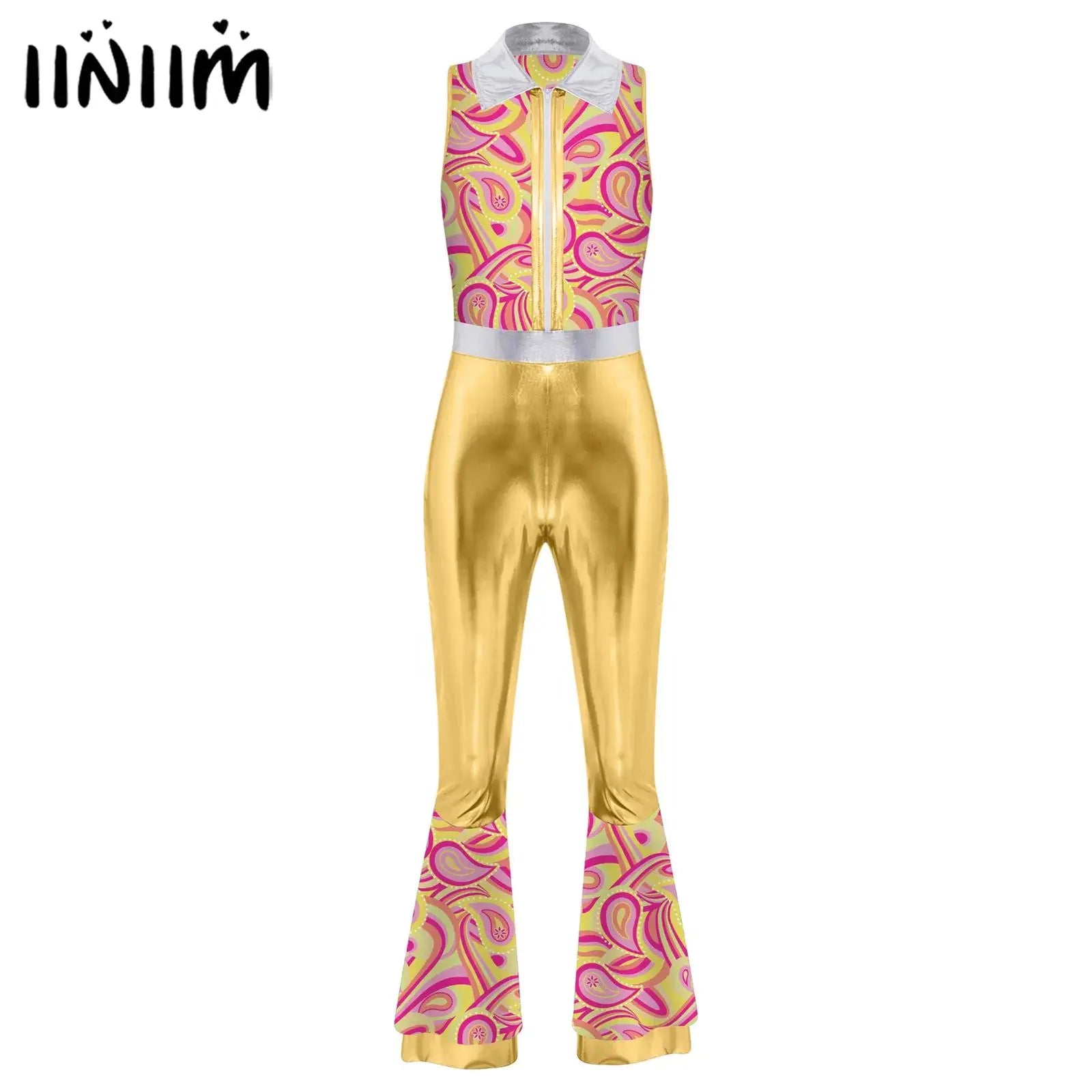 Womens Halloween Retro Hippie Cosplay Costume Party Hip-hop Dance Costume Metallic Shiny Vintage Carnival Bodysuit Jumpsuit Lootquake LLC