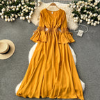 Purple/Green/Red Pleated Maxi Long Dress Women Vintage V-Neck Flare Sleeve Draped Ruffle Vestido Female Maxi Robe Summer Lootquake LLC