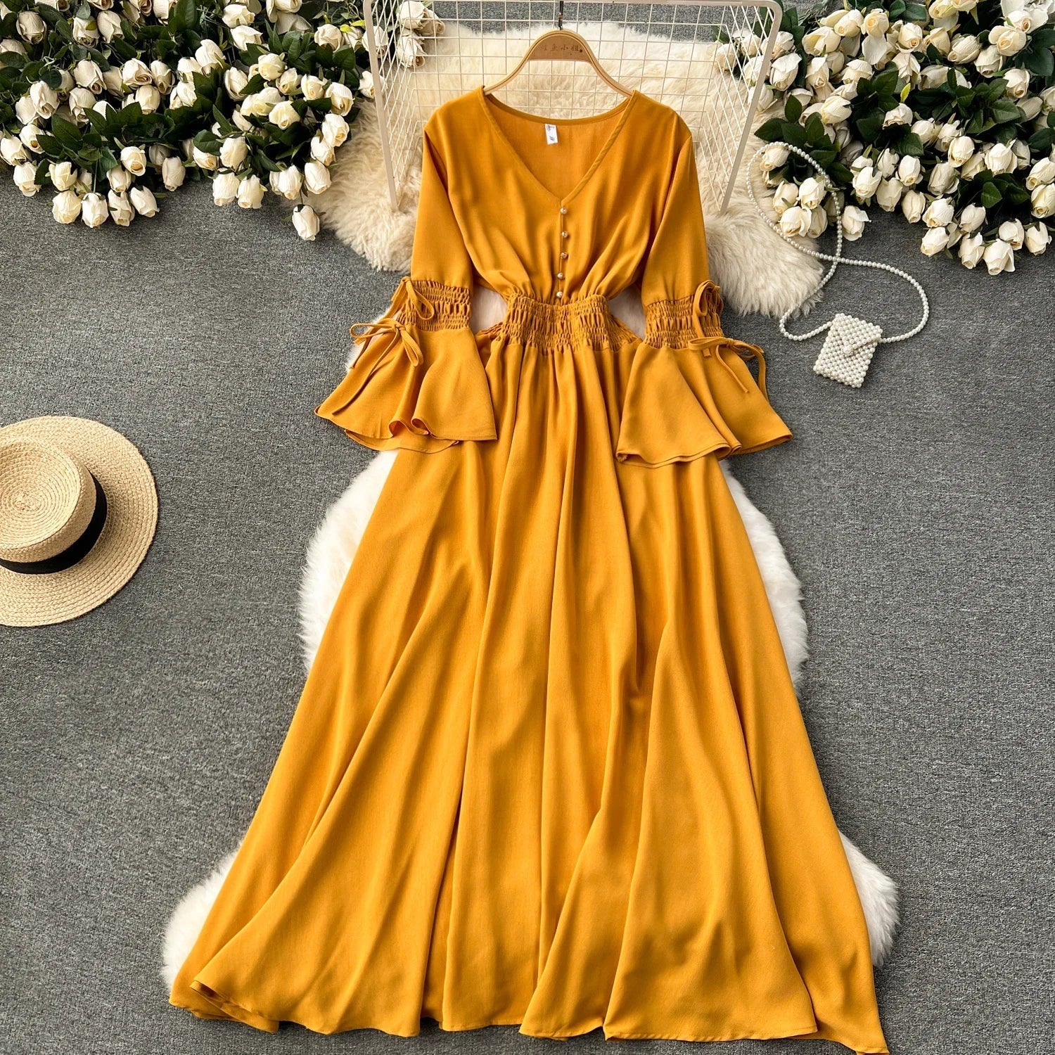 Purple/Green/Red Pleated Maxi Long Dress Women Vintage V-Neck Flare Sleeve Draped Ruffle Vestido Female Maxi Robe Summer Lootquake LLC