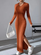 2024 Spring/Summer Knitted Dress Slim Fit Fashion Casual Women's Lapel Long sleeved Dress Concave Stripe Solid Color Long Dress