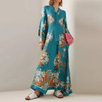 Ethnic Retro Spring Print Boho Long Dress Women Sexy Stand Collar Lace-up Party Dress Fall Long Sleeve Loose Ladies Maxi Dresses