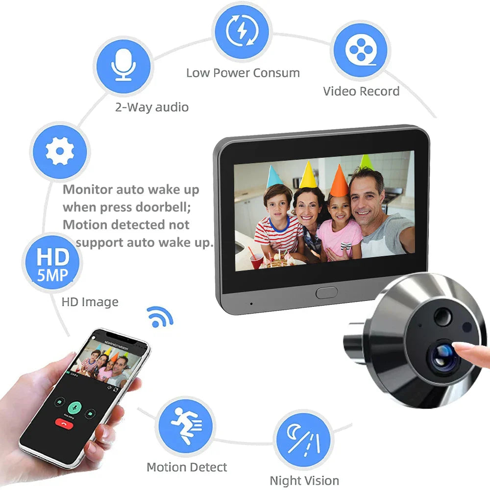 Mini 5MP Tuya Smart Life Home Digital Viewer Peepholes Door Eye WiFi IR No Red Exposure Night Vision Camera 4.3Inch Baby Monitor Lootquake LLC