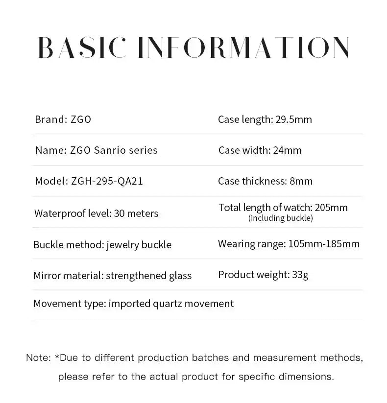 ZGO X Sanrio Hello kitty Watch For Women Minority Light Luxury Waterproof Quartz Watches Girls Jewelry Birthday Gifts 295