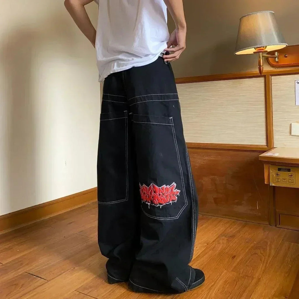 2024 New American Trend Retro Hip-hop Embroidery Pattern Baggy Jeans For Men And Women Y2K Harajuku Gothic Wide Pants Streetwear Lootquake LLC