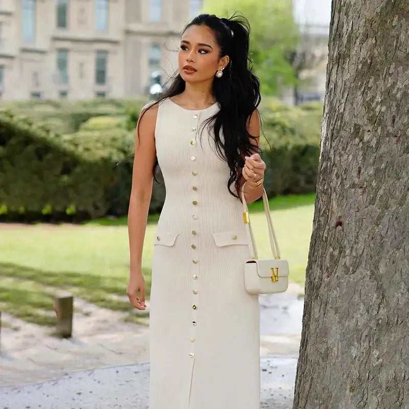 Fashion Knitted Long Dress For Women Elegant Sleeveless Button Maxi Sweater Bodycon Dresses Female Party Fashion Vestidos 2024 N