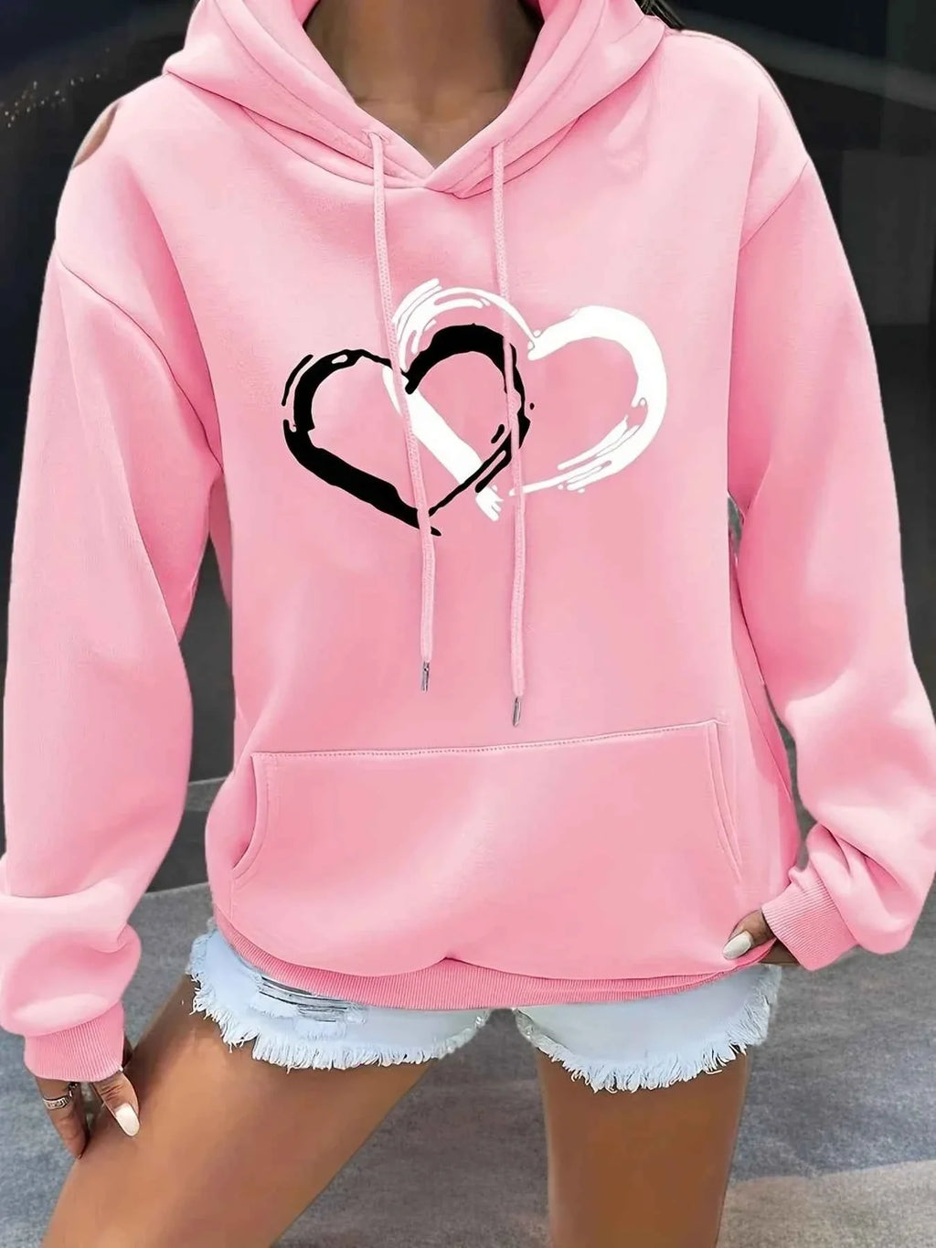 Women's Heart Print Hooded Sweatshirt THRIXINE