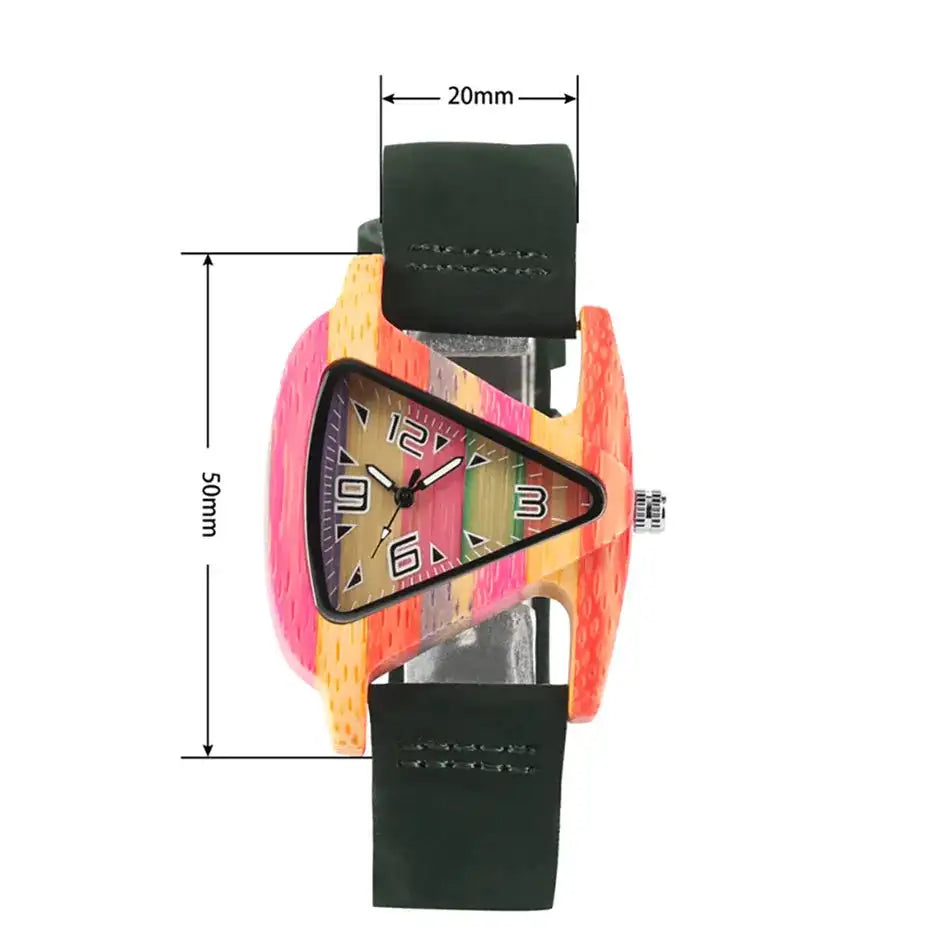 Unique Triangle Women's Wood Watch Creative Colorful Lady Green/ Red Genuine Leather Wristwatch Elegant Womens Watches Top Gifts