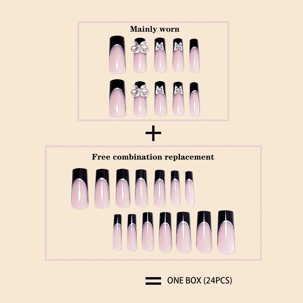 Luxury Women Girls Super Long Square Black French Sparkling Bow Decoration Full Coverage Wearable Fake Nail Press on Nail Art Lootquake LLC