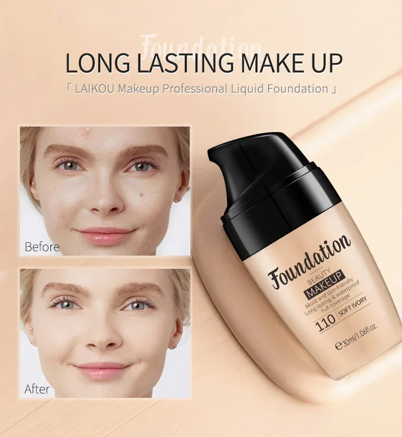 LAIKOU Liquid Foundation Moisturizing Long Lasting Face Comestics Natural Brighten Face Base Tone Make Up 30ml Lootquake LLC