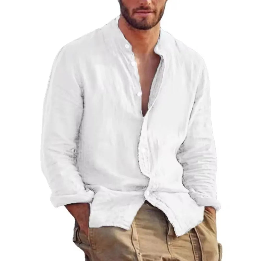 New Mens Long Sleeve Linen Shirt Stand Up Collar Casual Lightweight Mens Shirts Breathable T Shirts Hawaiian button Shirt Lootquake LLC