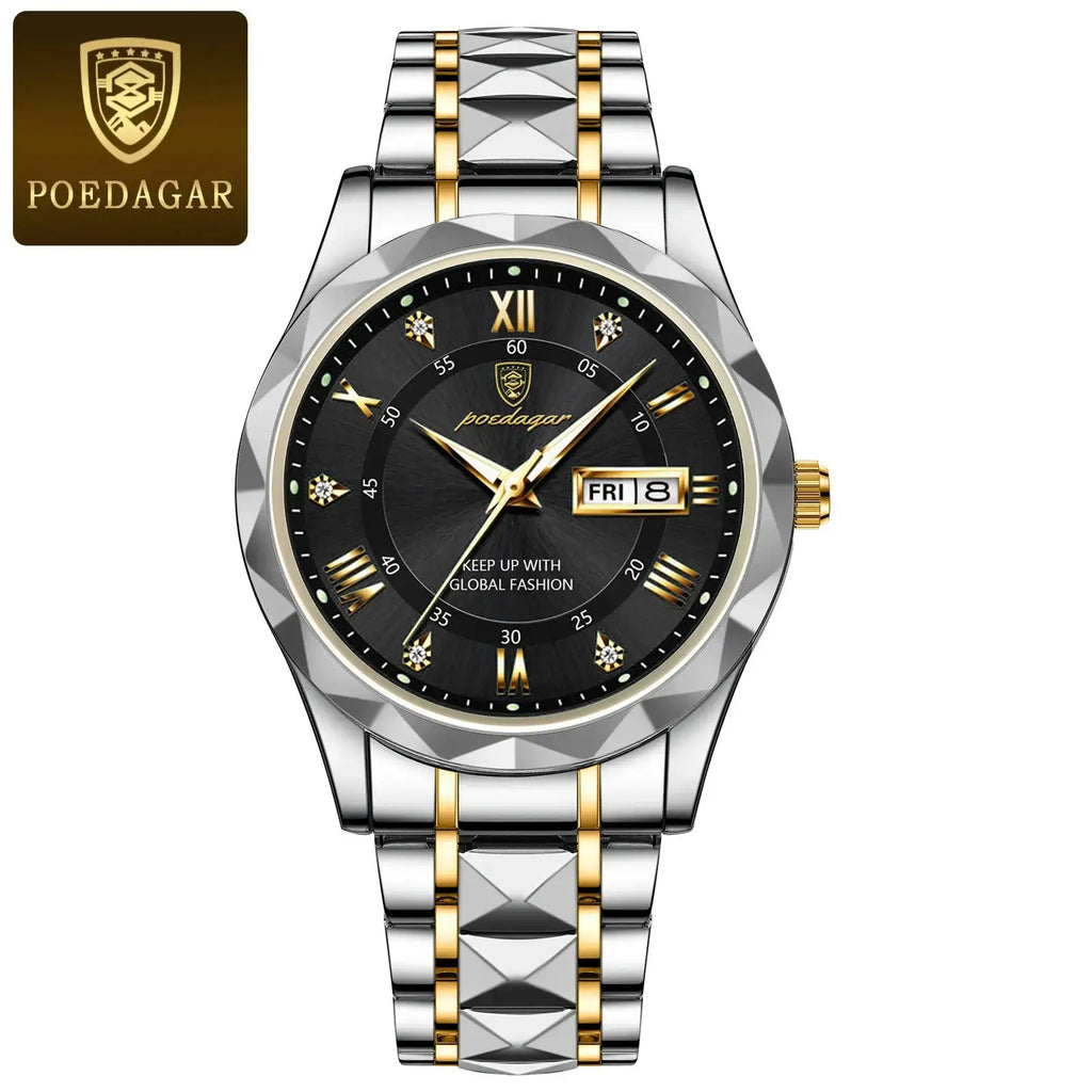 POEDAGAR Business Men's Watch Waterproof Luminous Stainless Steel Date Week Watches For Man Fashion Luxury Quartz Men Wristwatch