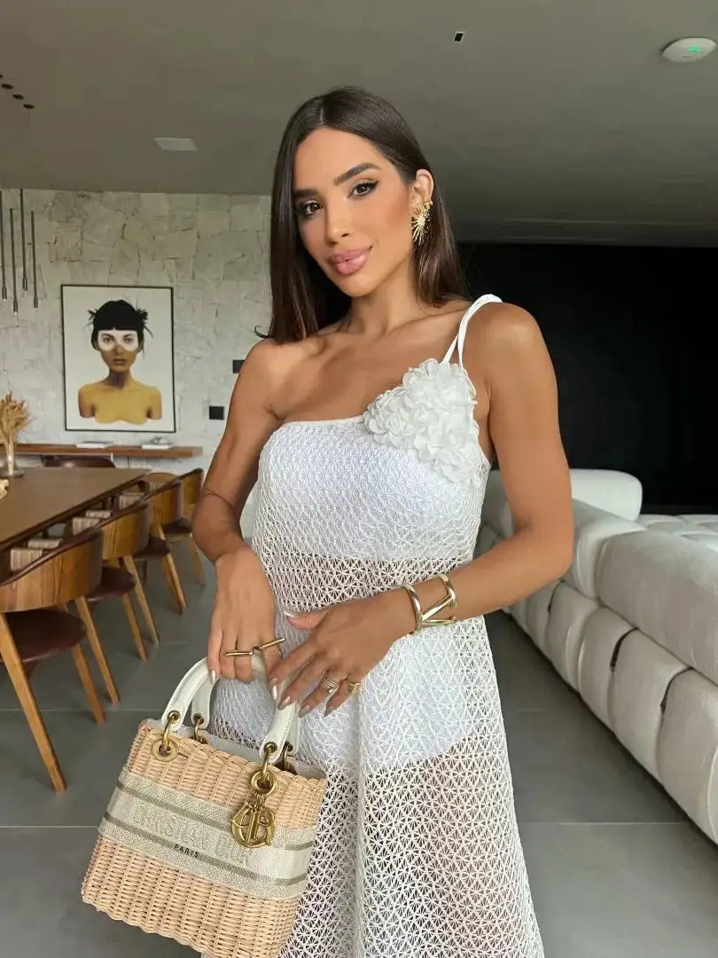 Sexy 3D Flower Long Dress Women 2024 Summer Semi-sheer Party Dresses Elegant Slim One Shoulder Maxi Vestidos Holiday Beach Robe