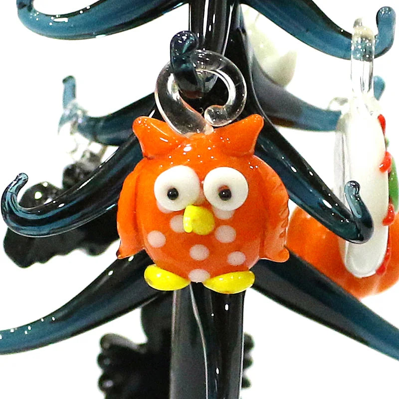 Halloween Decor Cute Glass Tree Figurine Ornaments with Mini Owl Spider Bat Pumpkin Cross Ghost Evil Eye Heart Moon Hat Pendant Lootquake LLC