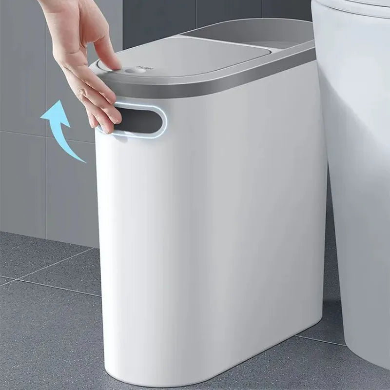 Slim Plastic Trash Bin with Lid,Easy Press-Top,Space Saving Design, Suitable for Bathroom Kitchen Living Room,Simple Solid Color Lootquake LLC