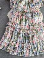 Summer New Off Shoulder  Wrap Waist to Show Thin A-line Fragmented Cake Dress Women's Beach Vacation Chiffon Long Dress GD820