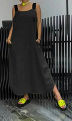 Summer Fashion Solid Cotton Linen Dresses Women Sexy Square Neck Sleeveless Suspender Slit Long Dress Casual Loose Dress Woman