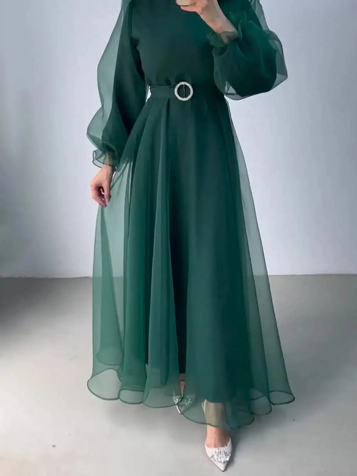 Spring Elegant Mesh Dress Muslim Women Fashion Solid High Waist Mesh Lantern Sleeves Long Dress Women