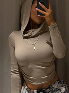 Autumn Slim Fit Hooded Crop Tee for Women THRIXINE