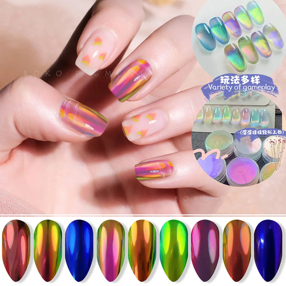 9Jar/Set Aurora Moonlight Mirror Nail Powder 9 Colors Pearl Mermaid Unicorn Nail Chrome  UV Gel Polish  Pigment DIY Nail Decor Lootquake LLC