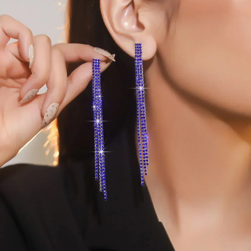 TREAZY Shiny 4 Lines  Rhinestone Crystal Tassel Long Earrings for Women Wedding Party Hanging Dangle Earrings Bridal Brincos