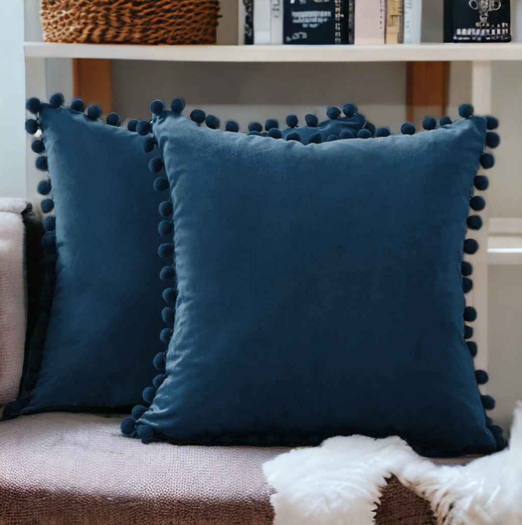 Plush Pom Pom Decorative Pillows 18x18 Velour Poly Cotton Soft Hypoallergenic Insert Option BandsCo Straps