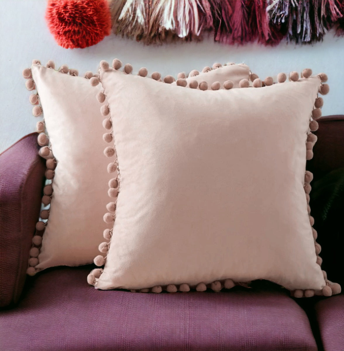 Plush Pom Pom Decorative Pillows 18x18 Velour Poly Cotton Soft Hypoallergenic Insert Option BandsCo Straps
