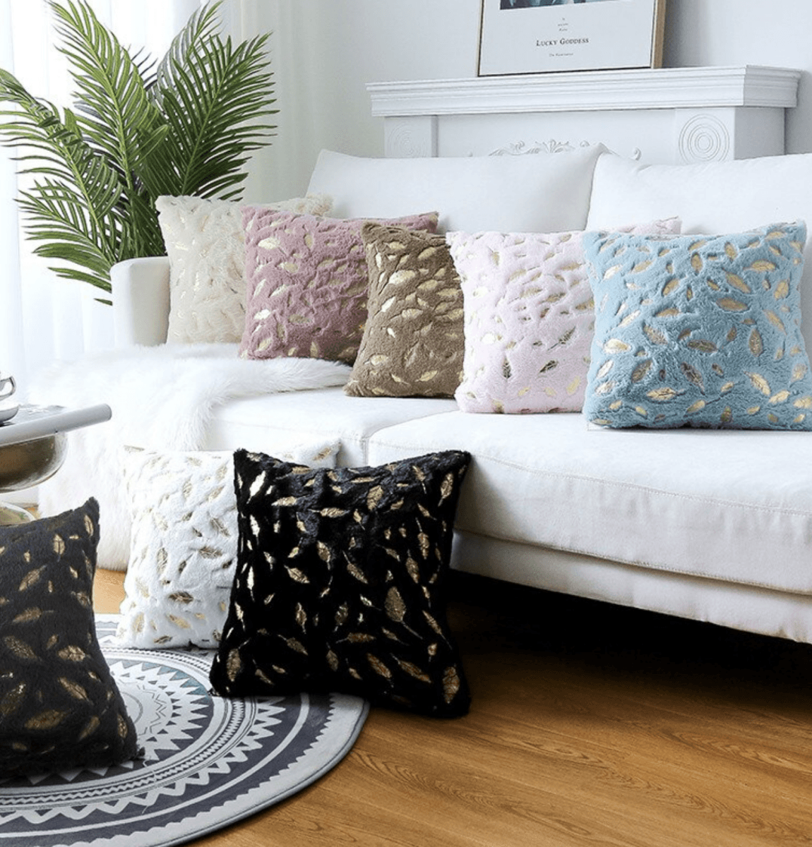 Dixie Plush Velvet 18x18 Decorative Pillow With Gold Hand-Painted Decal BandsCo Straps