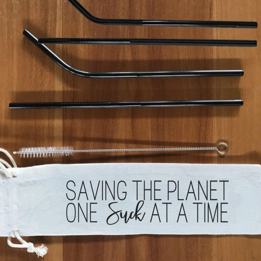Reusable Stainless Steel Straw Set 6 Piece With Cleaning Brush Cotton Linen Bag Eco Gift BandsCo Straps