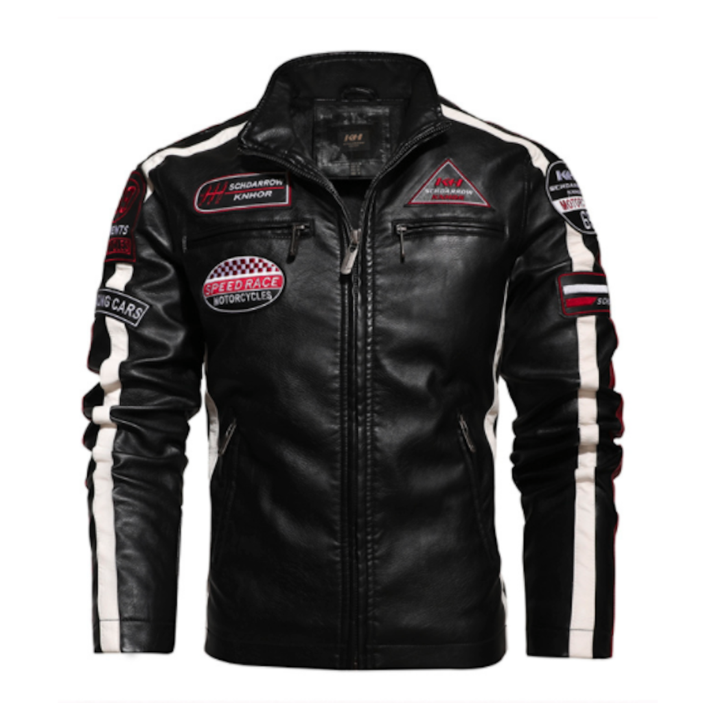 Mens Biker Vegan Leather Jacket With Badges - SJB-DIAMOND ELITES