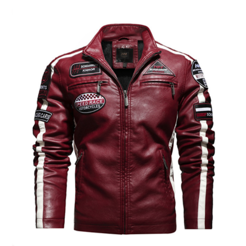 Mens Biker Vegan Leather Jacket With Badges - SJB-DIAMOND ELITES