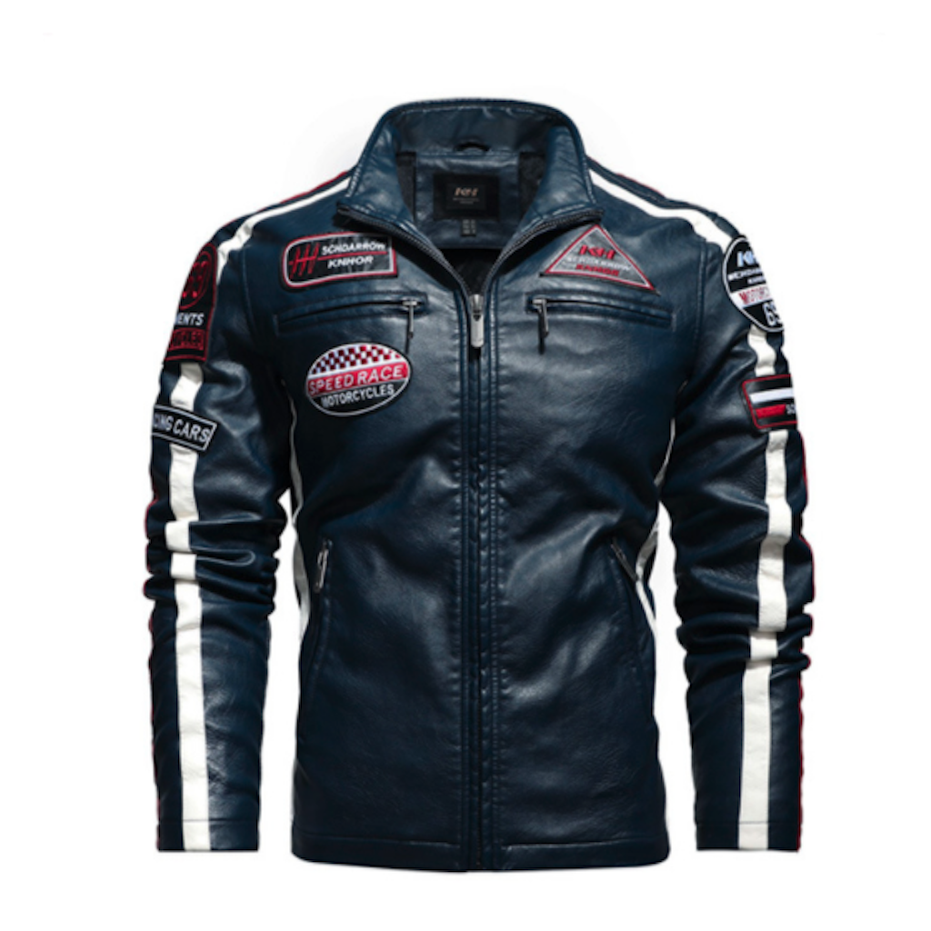Mens Biker Vegan Leather Jacket With Badges - SJB-DIAMOND ELITES