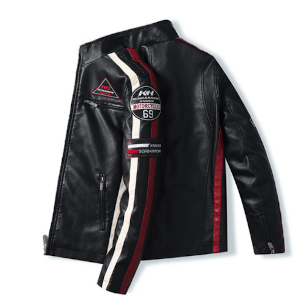 Mens Biker Vegan Leather Jacket With Badges - SJB-DIAMOND ELITES