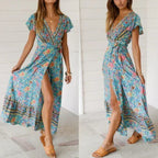 Womens Wrap Style V Neck Floral Maxi Dress