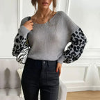 Womens V Neck Sweater With Leopard Print Sleeves - SJB-DIAMOND ELITES