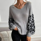 Womens V Neck Sweater With Leopard Print Sleeves - SJB-DIAMOND ELITES