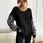 Womens V Neck Sweater With Leopard Print Sleeves - SJB-DIAMOND ELITES