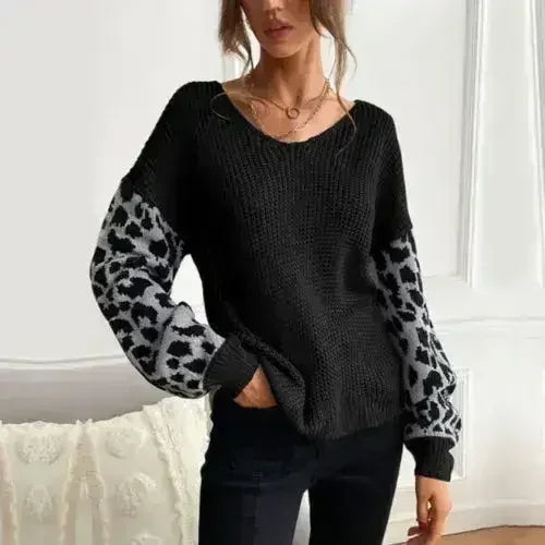 Womens V Neck Sweater With Leopard Print Sleeves - SJB-DIAMOND ELITES