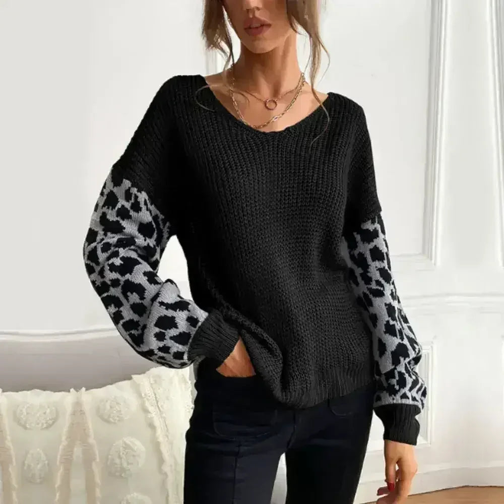 Womens V Neck Sweater With Leopard Print Sleeves - SJB-DIAMOND ELITES