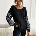 Womens V Neck Sweater With Leopard Print Sleeves - SJB-DIAMOND ELITES