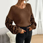 Womens V Neck Sweater With Leopard Print Sleeves - SJB-DIAMOND ELITES