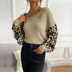 Womens V Neck Sweater With Leopard Print Sleeves - SJB-DIAMOND ELITES