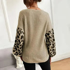 Womens V Neck Sweater With Leopard Print Sleeves - SJB-DIAMOND ELITES