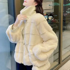 White Faux Fur Jacket – Vegan Leather Trimmed Cuffs | S-XXL