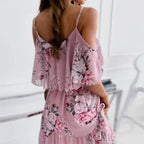 Cold Shoulder Chiffon Beach Dress - Flowy Ruffle Summer Dress